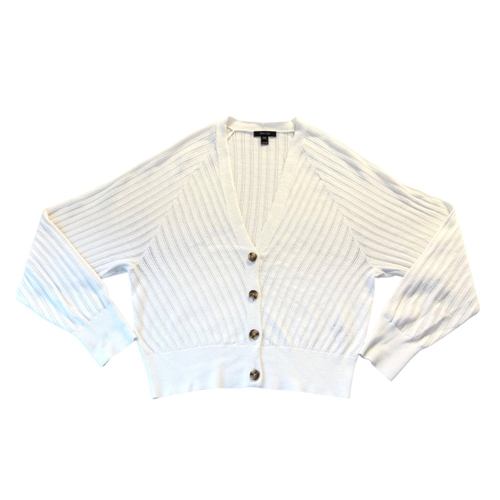RW&CO Cardigan Pointelle Knit Cropped White Coastal Grandmother Preppy Cozy M